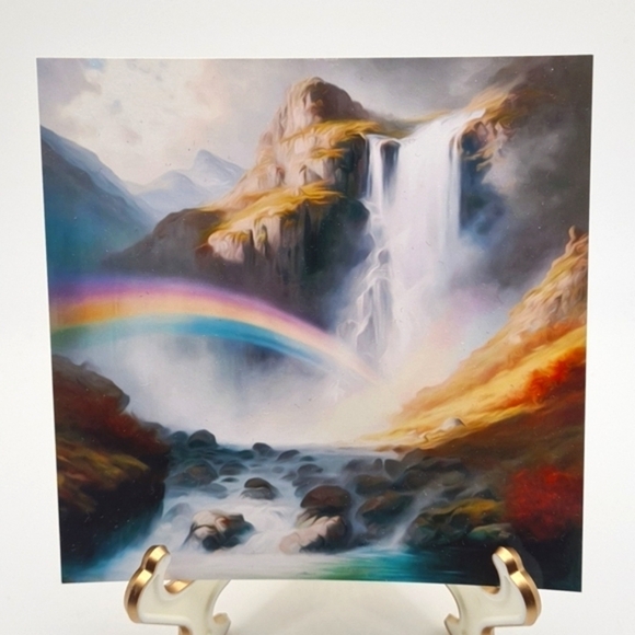 4x4 Waterfall with Rainbow Wall Art Illustration Watercolor Oil Painting Print - Picture 6 of 7